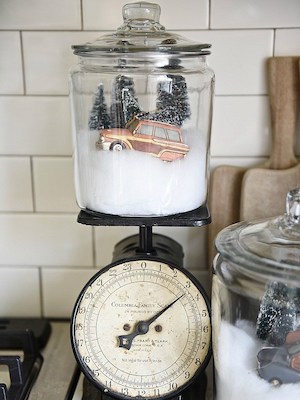 DIY Snow Globe Jars on vintage kitchen scale