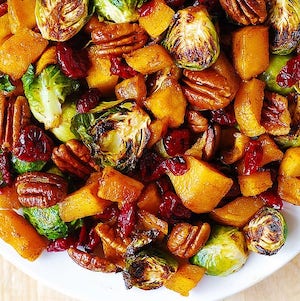 Roasted Brussels Sprouts, Cinnamon Butternut Squash, Pecans, and Cranberries