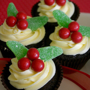 Dark Chocolate Holly Berry Cupcakes