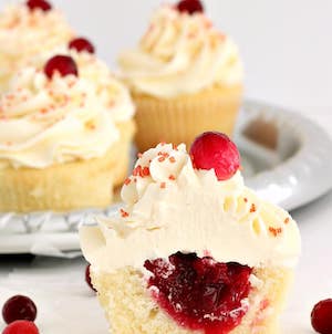 Cranberry Filled Vanilla Cupcakes with White Chocolate Frosting