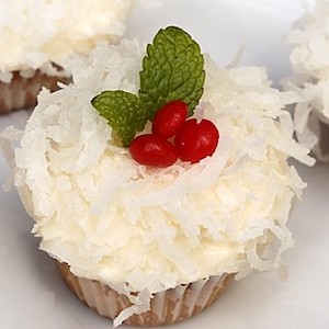 Mini Vanilla Cupcakes with Coconut Cream Cheese Frosting