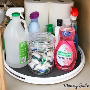 under Kitchen Sink Organization using a lazy Susan for cleaning supplies