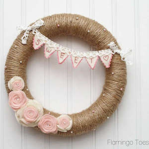 twine wrapped Sweet Heart Valentine Wreath with fabric flowers 