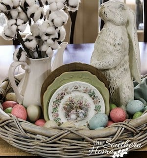 easter basket with bunny and other table decor