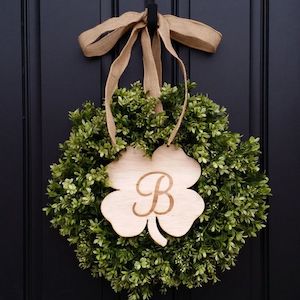 Boxwood Wreath with Monogrammed Wooden Shamrock in the middle