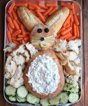 Easy Bunny Dip in bread bowl with Veggies around it