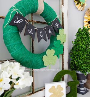 Green Burlap Ribbon Wreath with Lucky garland