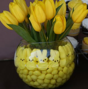 Yellow Tulips Bouquet in a vase filled with yellow peeps and lemon drops