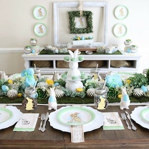 Modern Farmhouse Brunch Tablescape with bunnies and moss