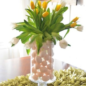 Spring Tulip Vase filled with easter eggs table decor