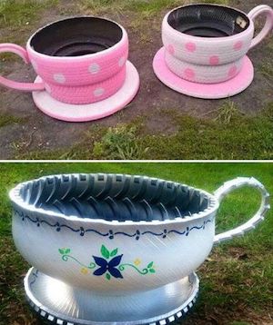 Teacup Tire Planters garden art