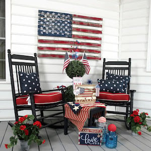 Patriotic rocking chairs and wood american flag porch decorations for 4th of July