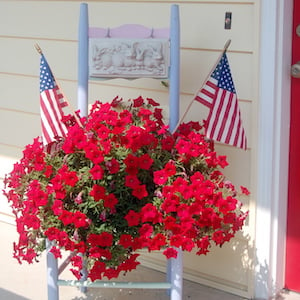 Decoración de jardinera de porche del 4 de julio con flores rojas y banderas estadounidenses
