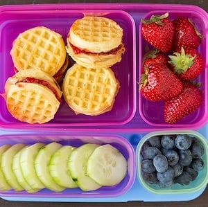 Peanut Butter and Jelly Sandwiches with cucumber slices and blueberries