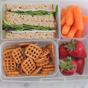 Turkey Sandwich with Pretzels, Strawberries and Baby Carrots