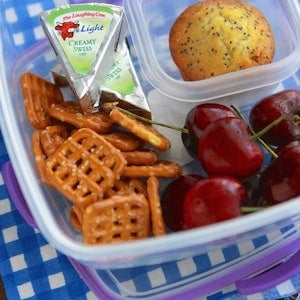 Muffin, Cherries, Cheese Wedge and Pretzels