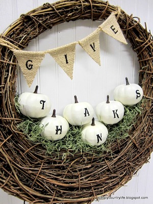 Rustic Burlap Banner and White Pumpkin Grapevine Wreath