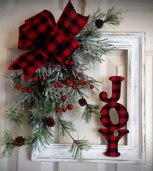 Distressed Picture Frame Christmas Wreath with Buffalo Plaid bow and joy sign 