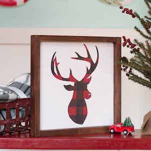 Farmhouse Style Christmas Sign with red and black buffalo plaid reindeer