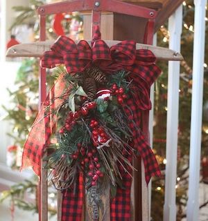 Vintage Christmas Sled with Buffalo Check Ribbon