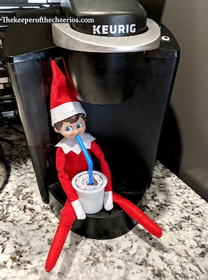 Elf on shelf Drinking k cup coffee 