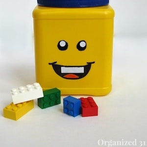 Upcycled Lego Head toy Storage Jar