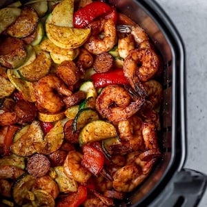 keto Cajun Shrimp Dinner with Sausages and Vegetables