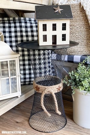 side table made from wire trash baskets