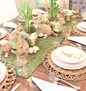 natural Green and Pink Table Setting for easter with easter bunnies and moss