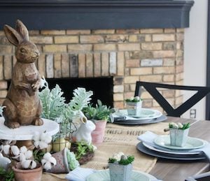 Farmhouse Easter Table Decorations with wooden bunny