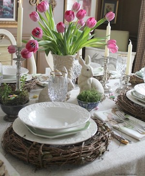Pottery Barn Inspired Easter Table Decorations with grapevine placemats and tulip centerpiece