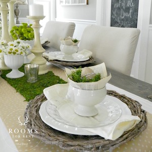 Natural Tablescape with grapevine placemats and greenery table runner