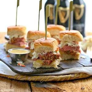 Corned Beef and Cabbage Sliders with Guinness Mustard dipping sauce
