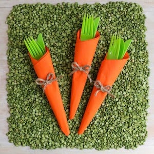 Carrot cutlery with orange napkin and green utensils 