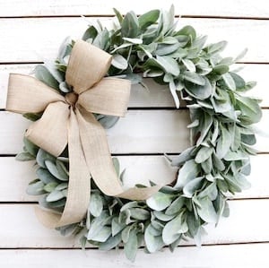 lambs ear farmhouse wreath with burlap bow