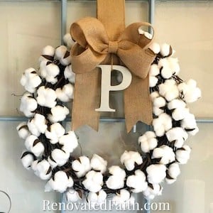 DIY Cotton Wreath with burlap bow