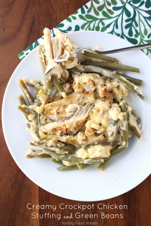 easy crockpot Creamy Chicken Stuffing and Green Beans