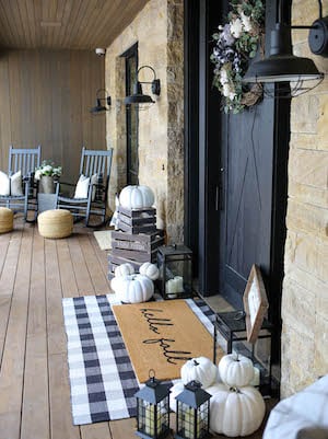 black and white fall front porch