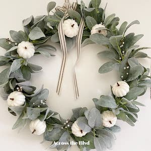 fall farmhouse wreath with lambs ear and white pumpkins