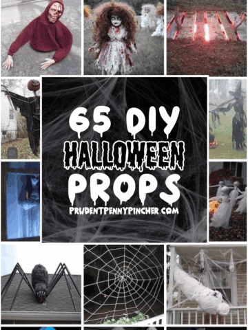 collage of 65 DIY Halloween props, including scary yard decorations like zombies, creepy dolls, giant spiders, ghosts, witches, skeletons, cobwebs, and other outdoor and indoor haunted house decorations for 2025.