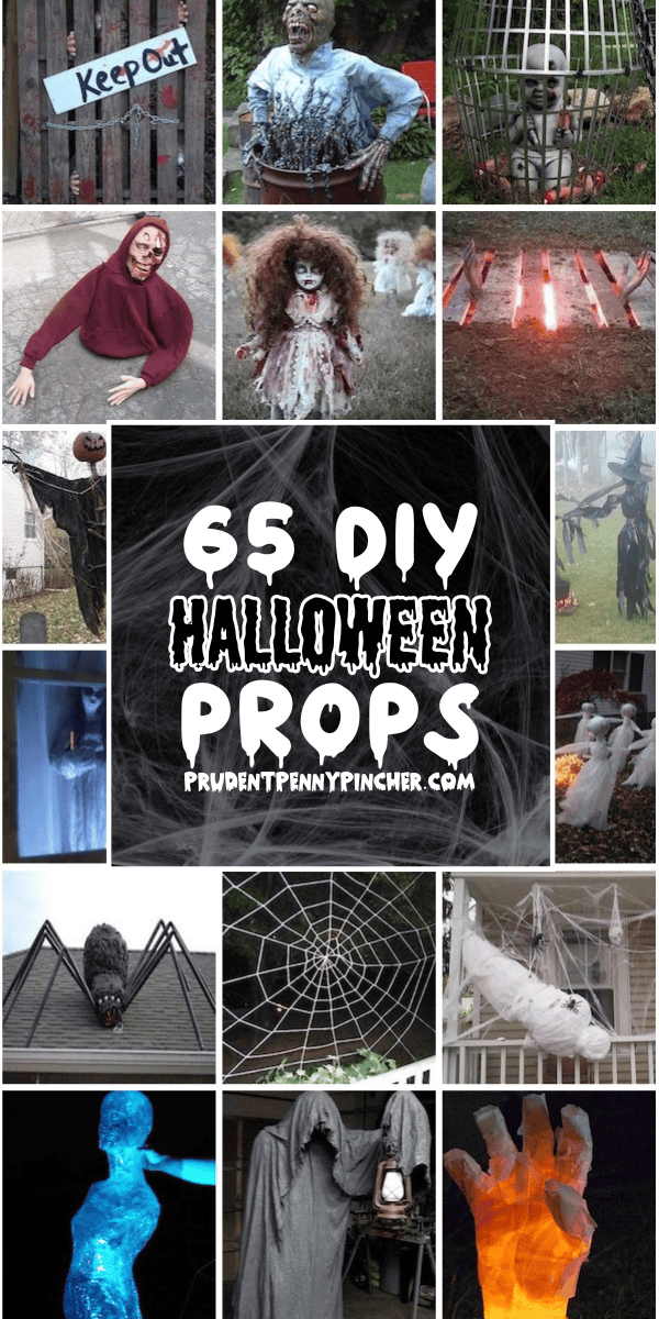  collage of 65 DIY Halloween props, including scary yard decorations like zombies, creepy dolls, giant spiders, ghosts, witches, skeletons, cobwebs, and other outdoor and indoor haunted house decorations for 2025.