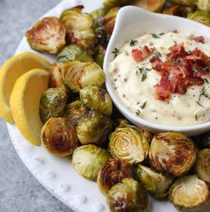 Roasted Brussels Sprouts with Garlic Bacon Aioli Thanksgiving Appetizer
