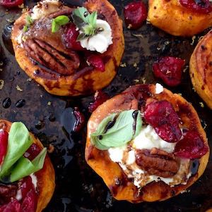 Sweet Potato Goat Cheese Appetizer with Cranberries & Honey Balsamic Glaze