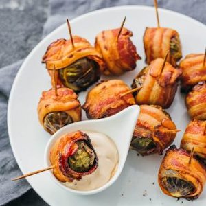 Bacon Wrapped Brussels Sprouts with Balsamic Mayo Dip Fall Appetizer