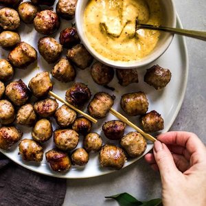 Sausage Bites in White Wine with Creamy Mustard Dipping Sauce