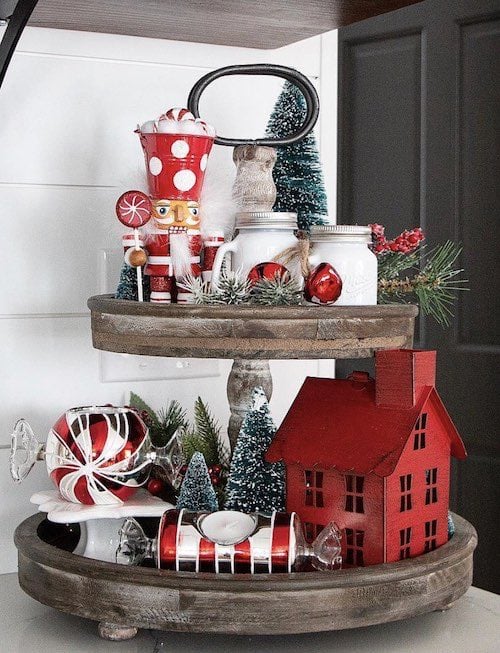 Red and White Farmhouse Christmas Tiered Tray