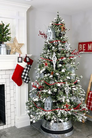 farmhouse christmas tree with galvanized metal Ornaments and stand