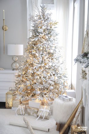 Elegant Gold and White Flocked Christmas Tree