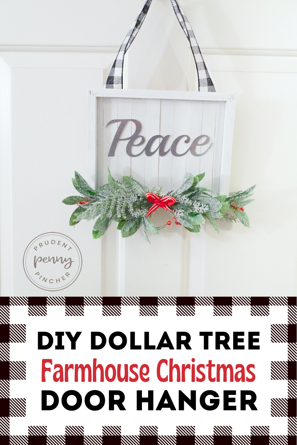 dollar tree Christmas door hanger with buffalo check ribbon