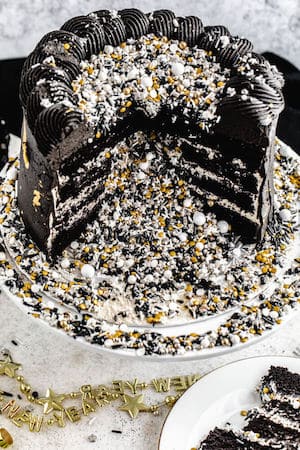  New Years Eve Party Cake with delicious dark chocolate cake and loads of sparkly sprinkles 